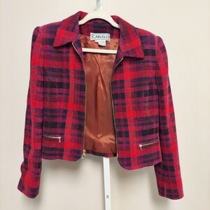 Carlisle Red Purple Plaid Cotton Wool Blend Zip Up Cropped Jacket Size 10 Preppy
